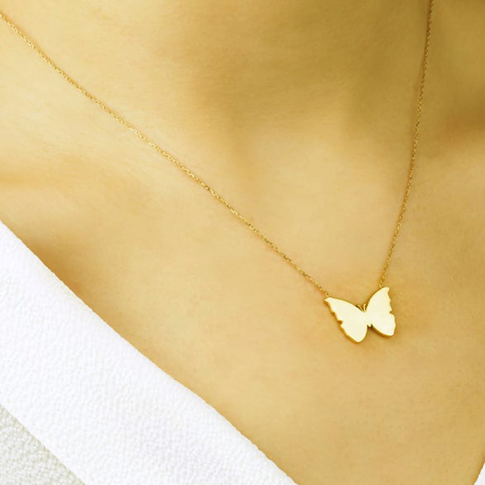 Fine Jewelry 18 Kt Real Solid Yellow Gold Small Butterfly Chain Necklace Pendant
