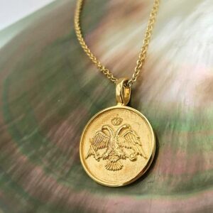 18 Kt Real Solid Yellow Gold Byzantine Two-Headed Eagle Chain Necklace Pendant