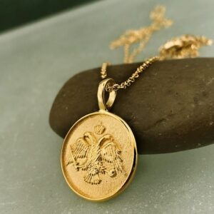 18 Kt Real Solid Yellow Gold Byzantine Two-Headed Eagle Chain Necklace Pendant