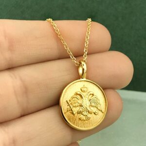 18 Kt Real Solid Yellow Gold Byzantine Two-Headed Eagle Chain Necklace Pendant