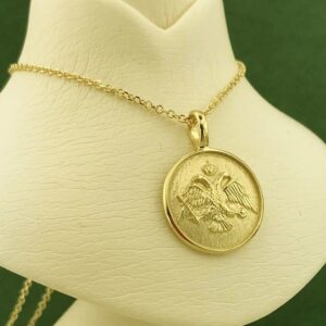 18 Kt Real Solid Yellow Gold Byzantine Two-Headed Eagle Chain Necklace Pendant