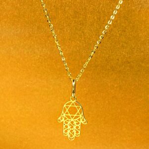 Fine Jewelry 18 Kt Real Solid Yellow Gold Hand Of Fatima Chain Necklace Pendant
