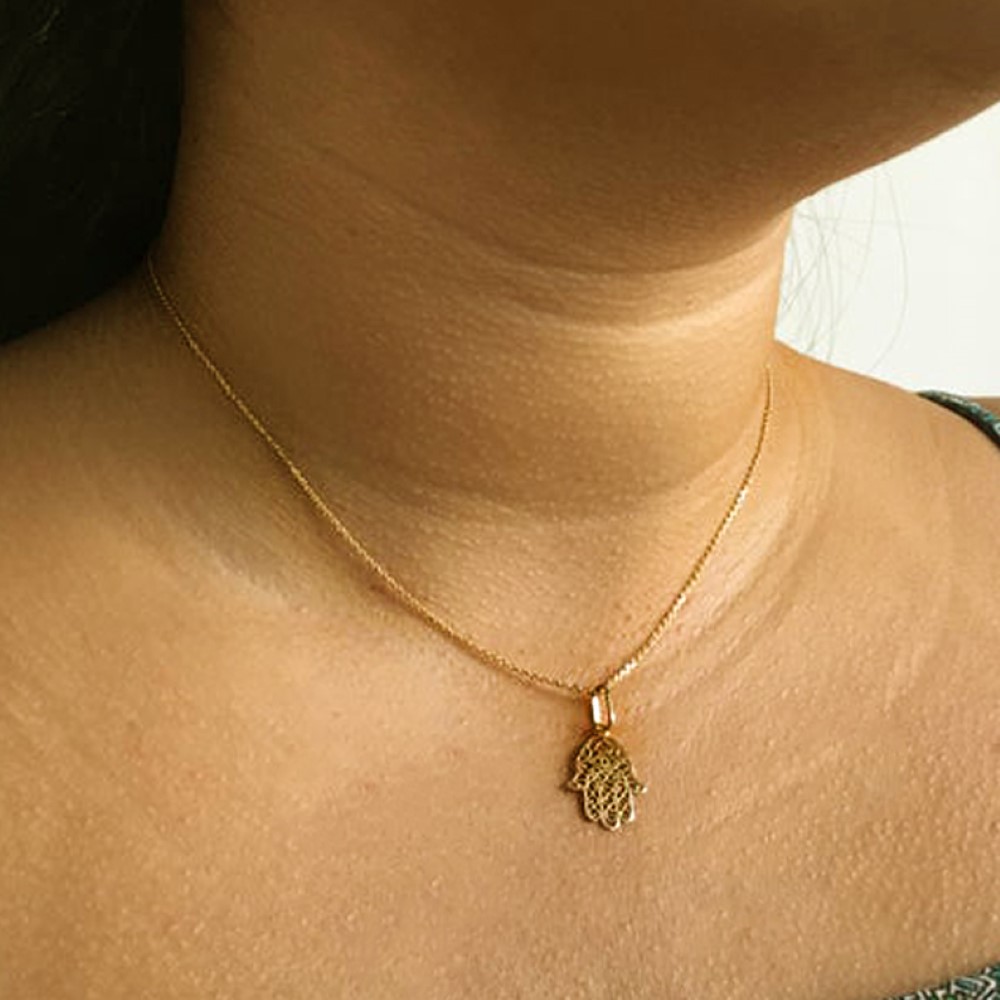 Fine Jewelry 18 Kt Real Solid Yellow Gold Hand Of Fatima Chain Necklace Pendant - Image 2