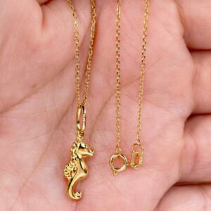 Fine Jewelry 18 Kt Real Solid Yellow Gold Seahorse Charm Chain Necklace Pendant