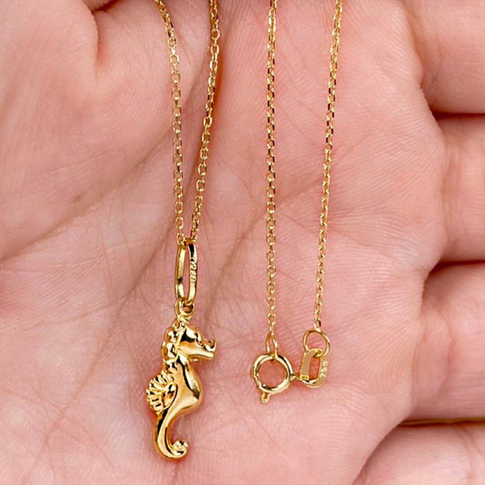 Fine Jewelry 18 Kt Real Solid Yellow Gold Seahorse Charm Chain Necklace Pendant