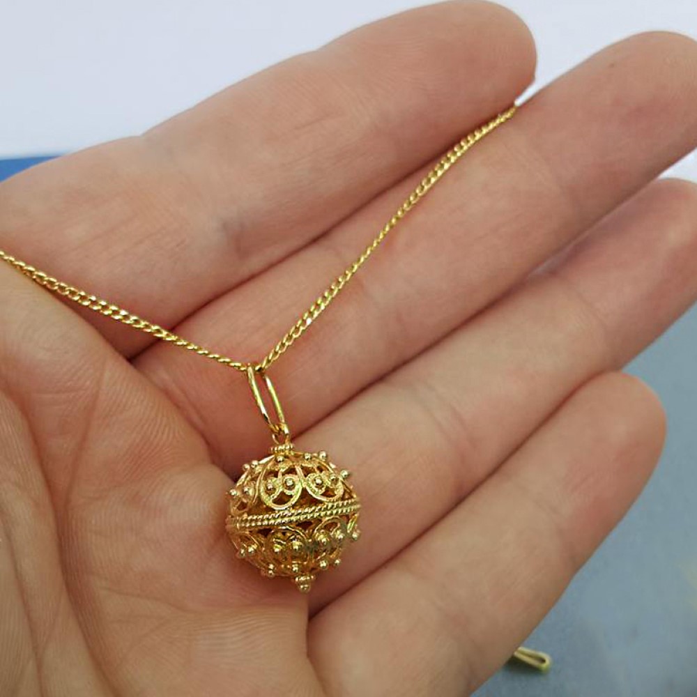 18 Kt Real Solid Yellow Gold Dubrovnik Filigree Ball Chain Necklace Pendant