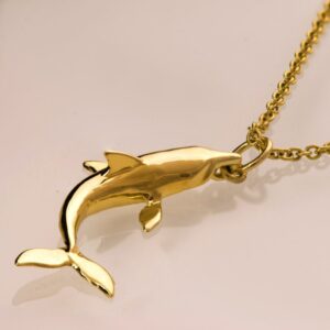 18 Kt Hallamrk Real Solid Yellow Gold Dolphin Fish Pisces Chain Necklace Pendant