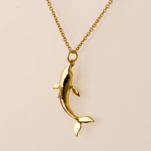 18 Kt Hallamrk Real Solid Yellow Gold Dolphin Fish Pisces Chain Necklace Pendant