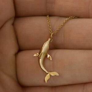 18 Kt Hallamrk Real Solid Yellow Gold Dolphin Fish Pisces Chain Necklace Pendant