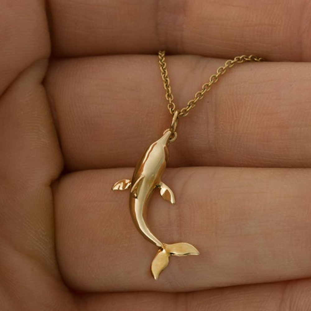 18 Kt Hallamrk Real Solid Yellow Gold Dolphin Fish Pisces Chain Necklace Pendant