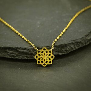 18 K Real Solid Yellow Gold Namana Mandala Flower Brushed Chain Necklace Pendant