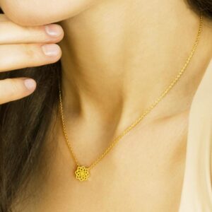 18 K Real Solid Yellow Gold Namana Mandala Flower Brushed Chain Necklace Pendant