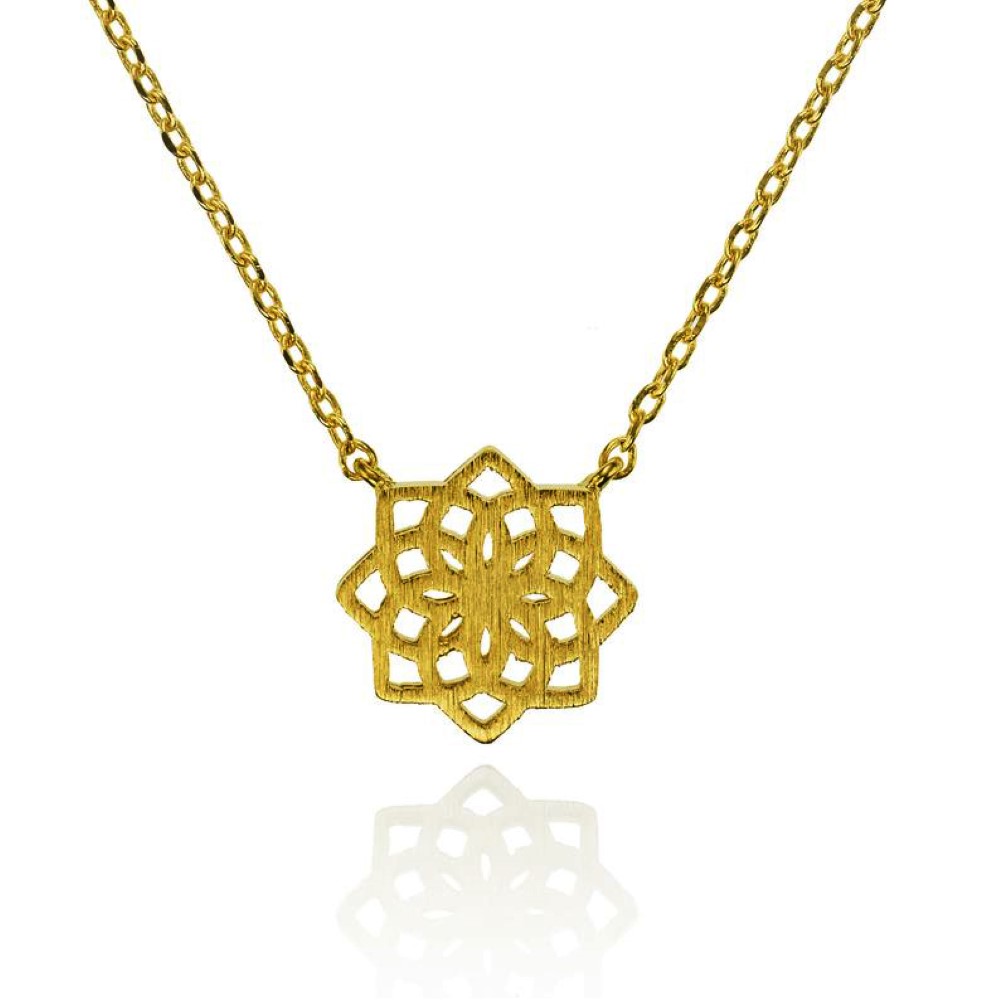 18 K Real Solid Yellow Gold Namana Mandala Flower Brushed Chain Necklace Pendant