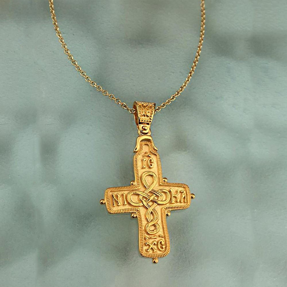 18 Kt Yellow Gold 16th Centuary Byzantine Cross ICXC NIKA Chain Necklace Pendant - Image 4