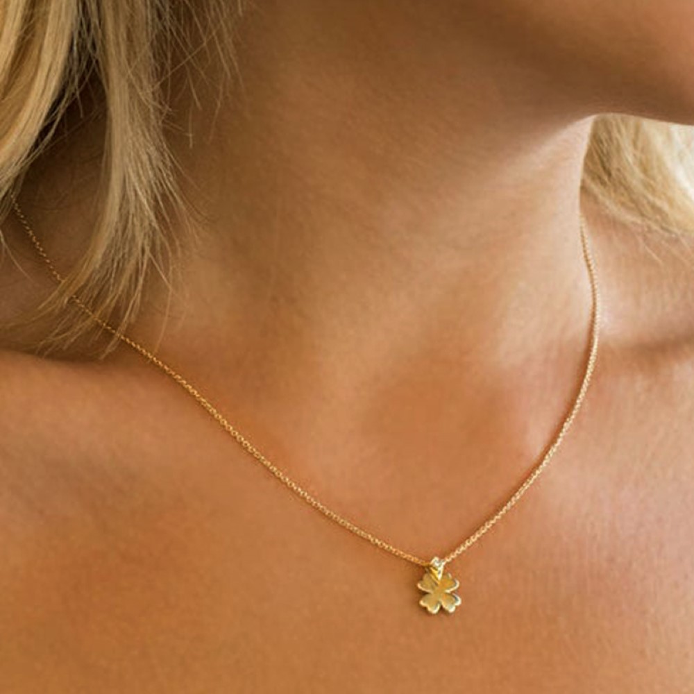 18 Kt Real Solid Yellow Gold 4 Leaf Clover Lucky Charm Chain Necklace Pendant