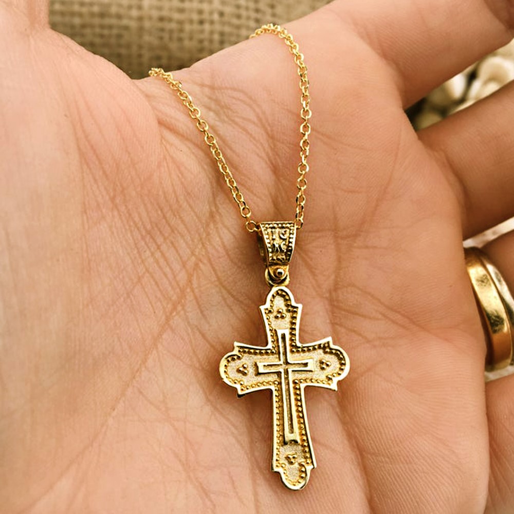 18 Kt Real Solid Yellow Gold Traditional Cross ICXC NIKA Chain Necklace Pendant