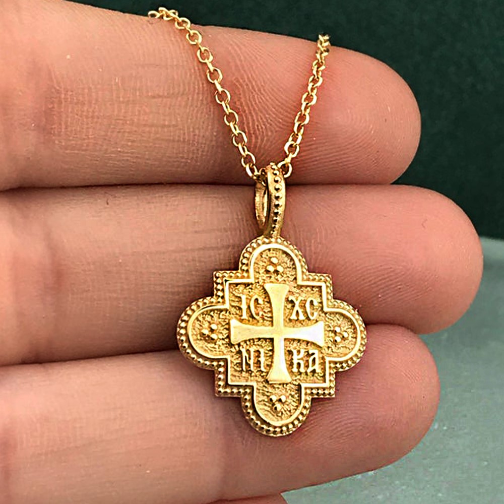 18 Kt Real Solid Yellow Gold Traditional Cross ICXC NIKA Chain Necklace Pendant