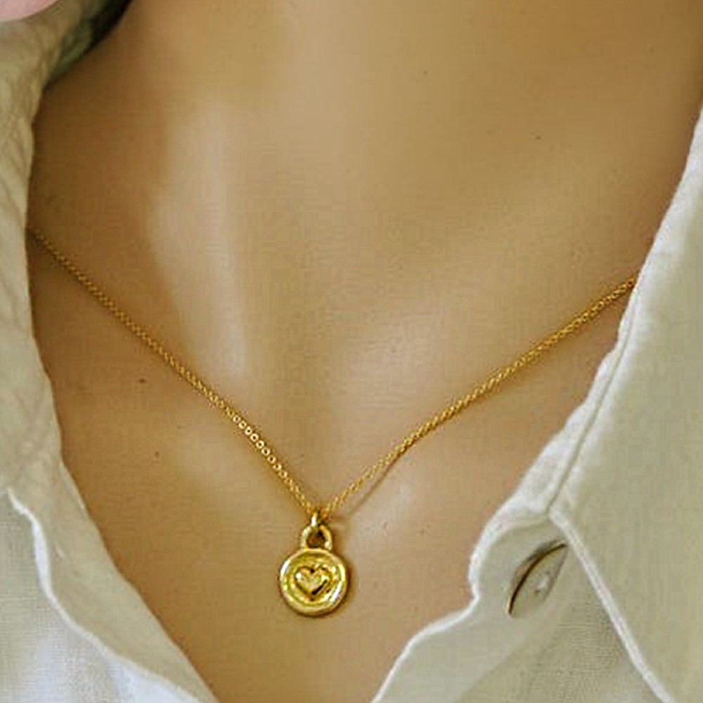 Fine Jewelry 18 Kt Real Solid Yellow Gold Disc Heart Love Chain Necklace Pendant - Image 5