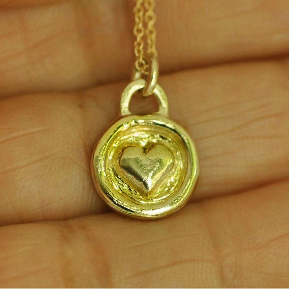 Fine Jewelry 18 Kt Real Solid Yellow Gold Disc Heart Love Chain Necklace Pendant