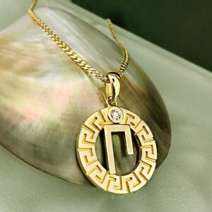 18 Kt Hallmark Real Solid Yellow Gold Greek Monogram p II Chain Necklace Pendant