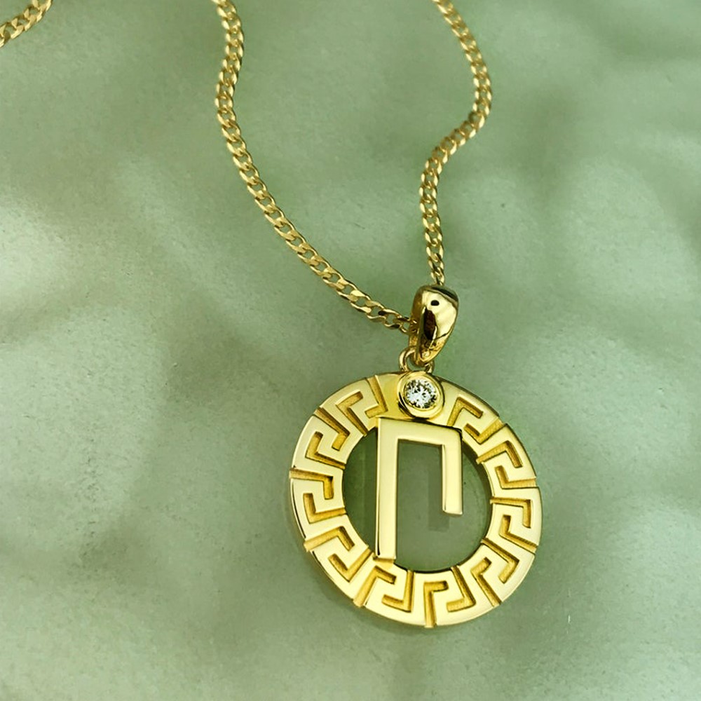 18 Kt Hallmark Real Solid Yellow Gold Greek Monogram p II Chain Necklace Pendant