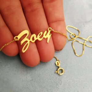 18 Kt Real Solid Yellow Gold Custom Name Zoey Nameplate Chain Necklace Pendant