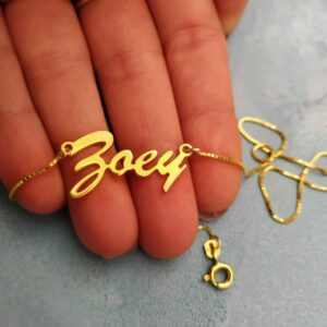 18 Kt Real Solid Yellow Gold Custom Name Zoey Nameplate Chain Necklace Pendant