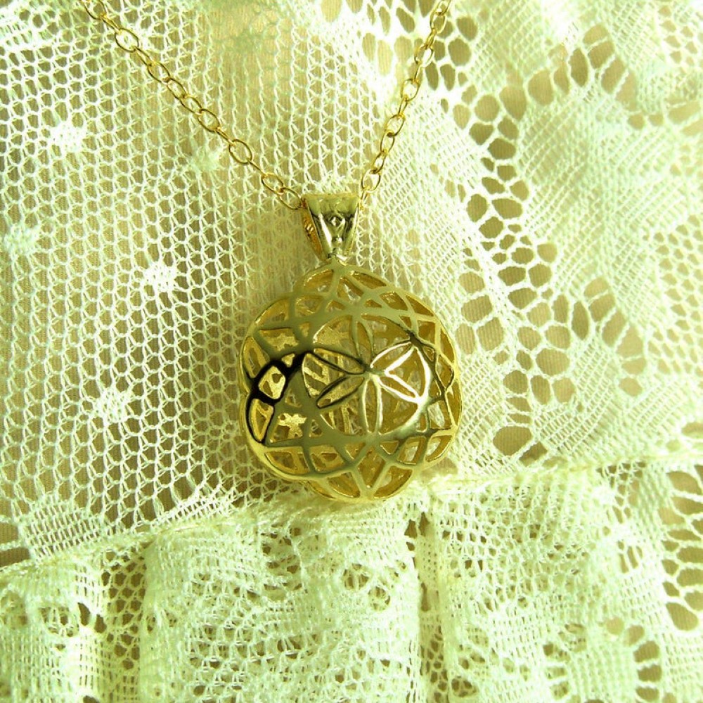 18 Kt Real Solid Yellow Gold Seed Of Life Kabbalah Flower Chain Necklace Pendant - Image 4