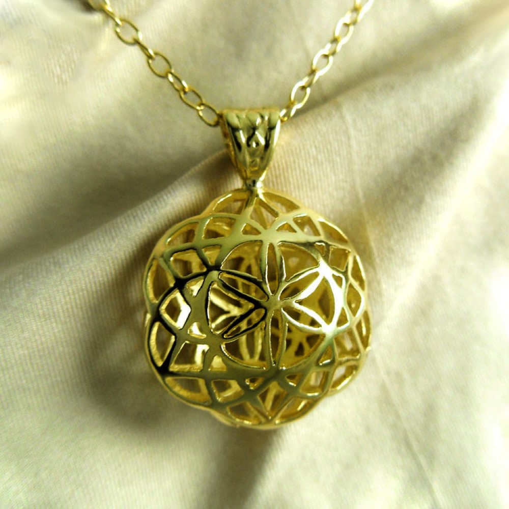 18 Kt Real Solid Yellow Gold Seed Of Life Kabbalah Flower Chain Necklace Pendant