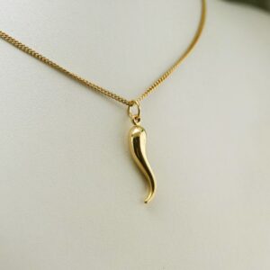 18 Kt Hallmark Real Solid Yellow Gold Italian Luck Horn Chain Necklace Pendant