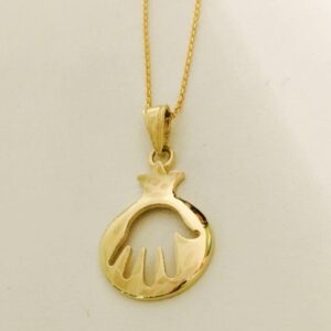 18 K Real Solid Yellow Gold Pomegranate Cutout Hamsa Hand Chain Necklace Pendant