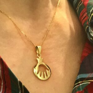 18 K Real Solid Yellow Gold Pomegranate Cutout Hamsa Hand Chain Necklace Pendant