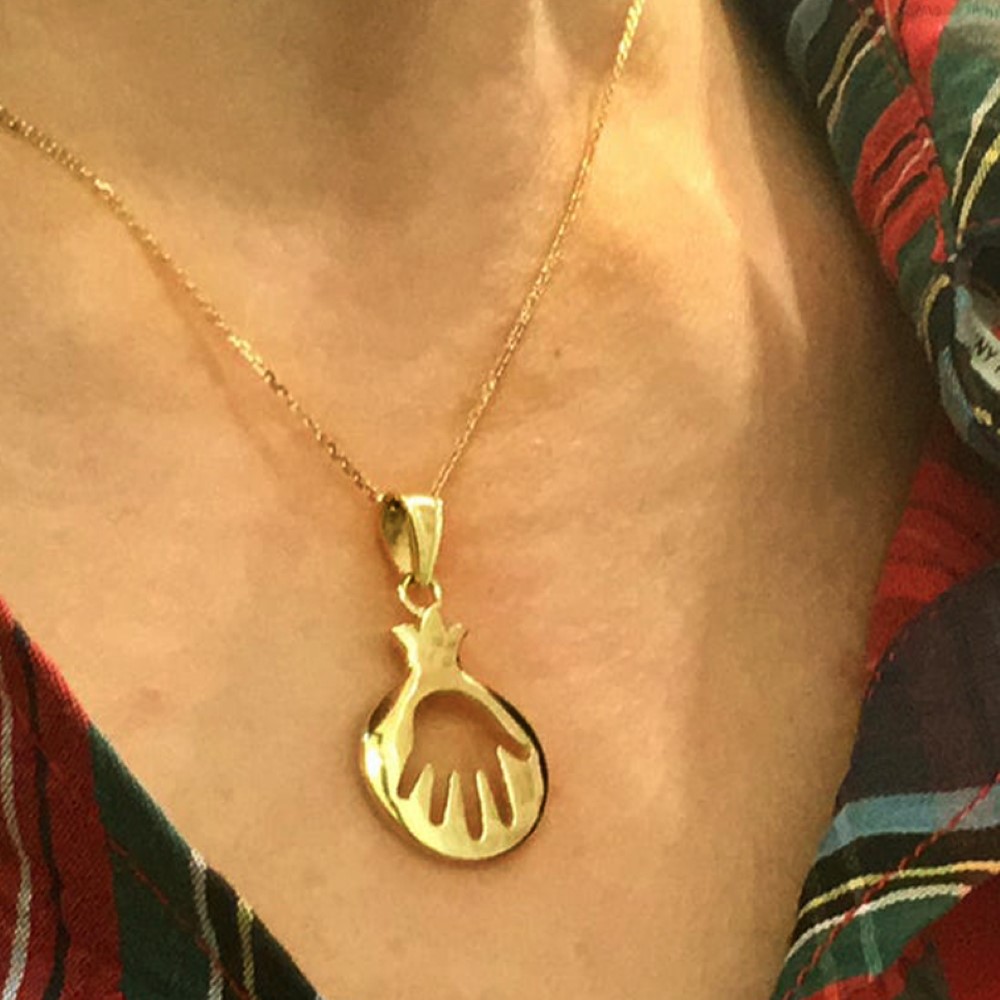 18 K Real Solid Yellow Gold Pomegranate Cutout Hamsa Hand Chain Necklace Pendant