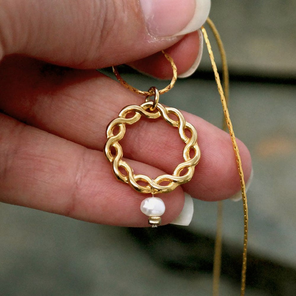 18 K Hallmark Real Solid Yellow Gold Infinity Pearl Charm Chain Necklace Pendant