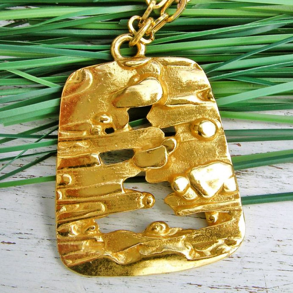 18 Kt Solid Yellow Gold Trifari Modernist Nugget Abstract Chain Necklace Pendant