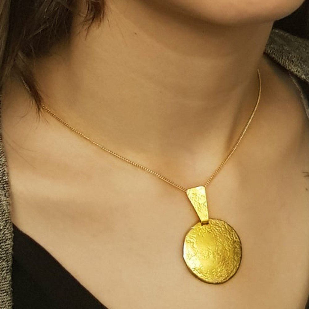 18 Kt Hallmark Real Solid Yellow Gold Circle Oval Rustic Chain Necklace Pendant