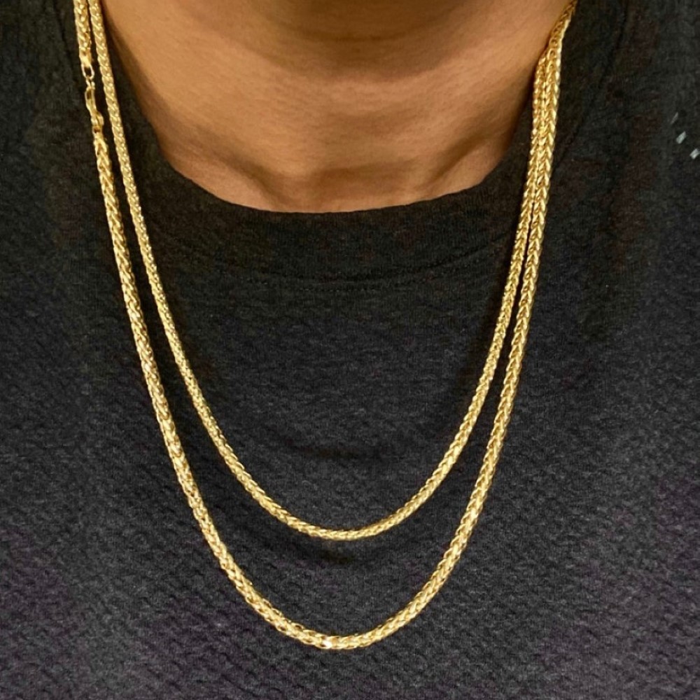 18 Kt Yellow Real Gold Wheat Palm Franco Foxtail Unisex Necklace Chain 20 Gm 3MM