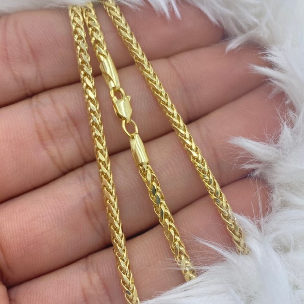 18 Kt Yellow Real Gold Wheat Palm Franco Foxtail Unisex Necklace Chain 20 Gm 3MM