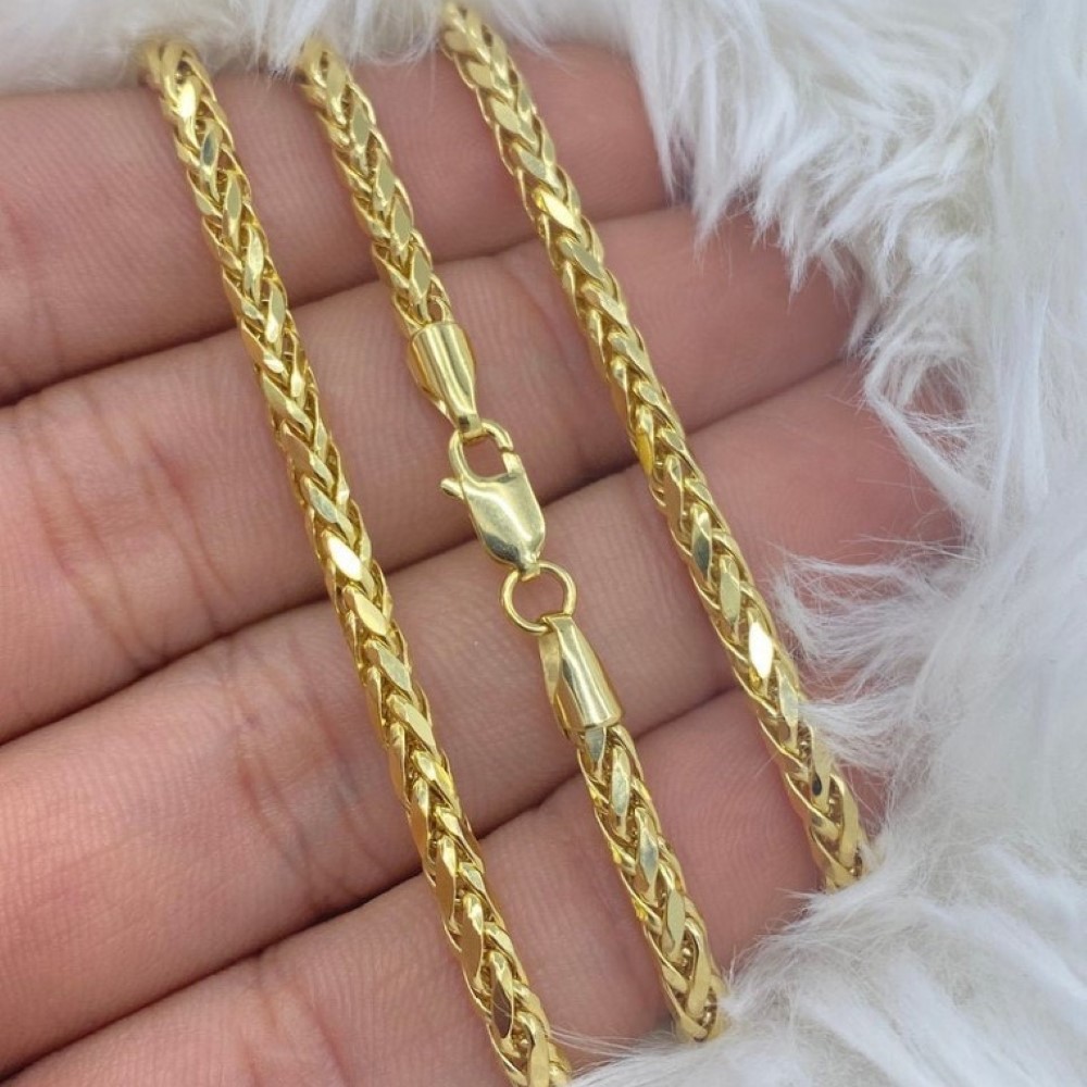 18 Kt Yellow Real Gold Wheat Palm Franco Foxtail Unisex Necklace Chain 20 Gm 3MM