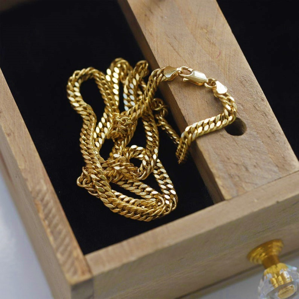 18 Kt Real Gold Curb Cuban Braided Herringbone Unisex Necklace Chain 30 Gms 5 MM