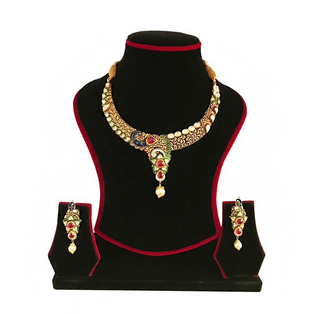 18K Solid Yellow Gold Antique Necklace Earrings Wedding Jewelry Set 50.450 Grams