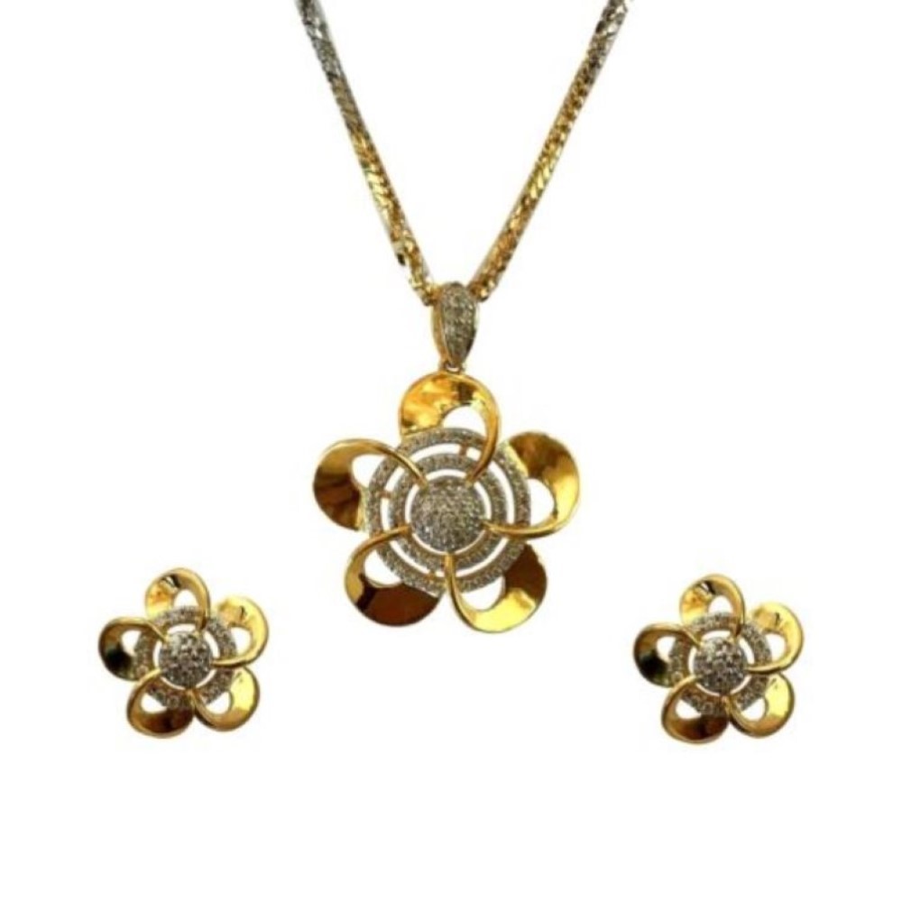 22 Kt Solid Yellow Gold Women's Fine Jewelry Necklace Set Earrings & Pendant CZ