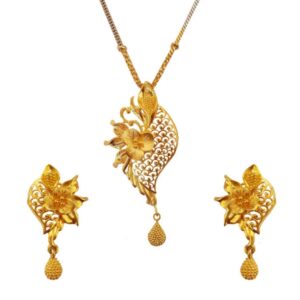 22 Kt Solid Yellow Gold Wedding Fine Jewelry Women Necklace Set Pendant Earrings