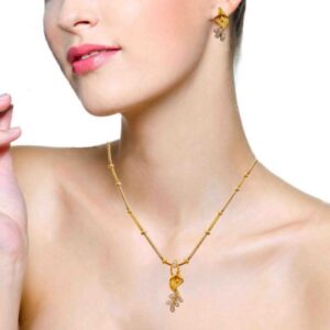 18 Kt Solid Yellow Gold Wedding Wear Set Earrings & Pendant CZ Women's Necklace