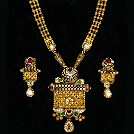 22Kt Yellow Gold Wedding Antique Vintage Necklace Earrings Jewelry Set
