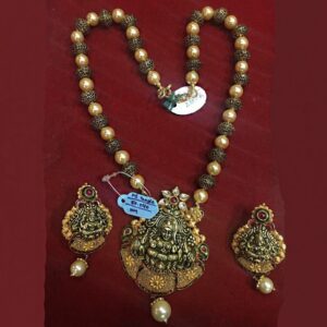 18 K Solid Yellow Gold Antique Necklace Earrings Temple Jewelry Set 50.040 Grams