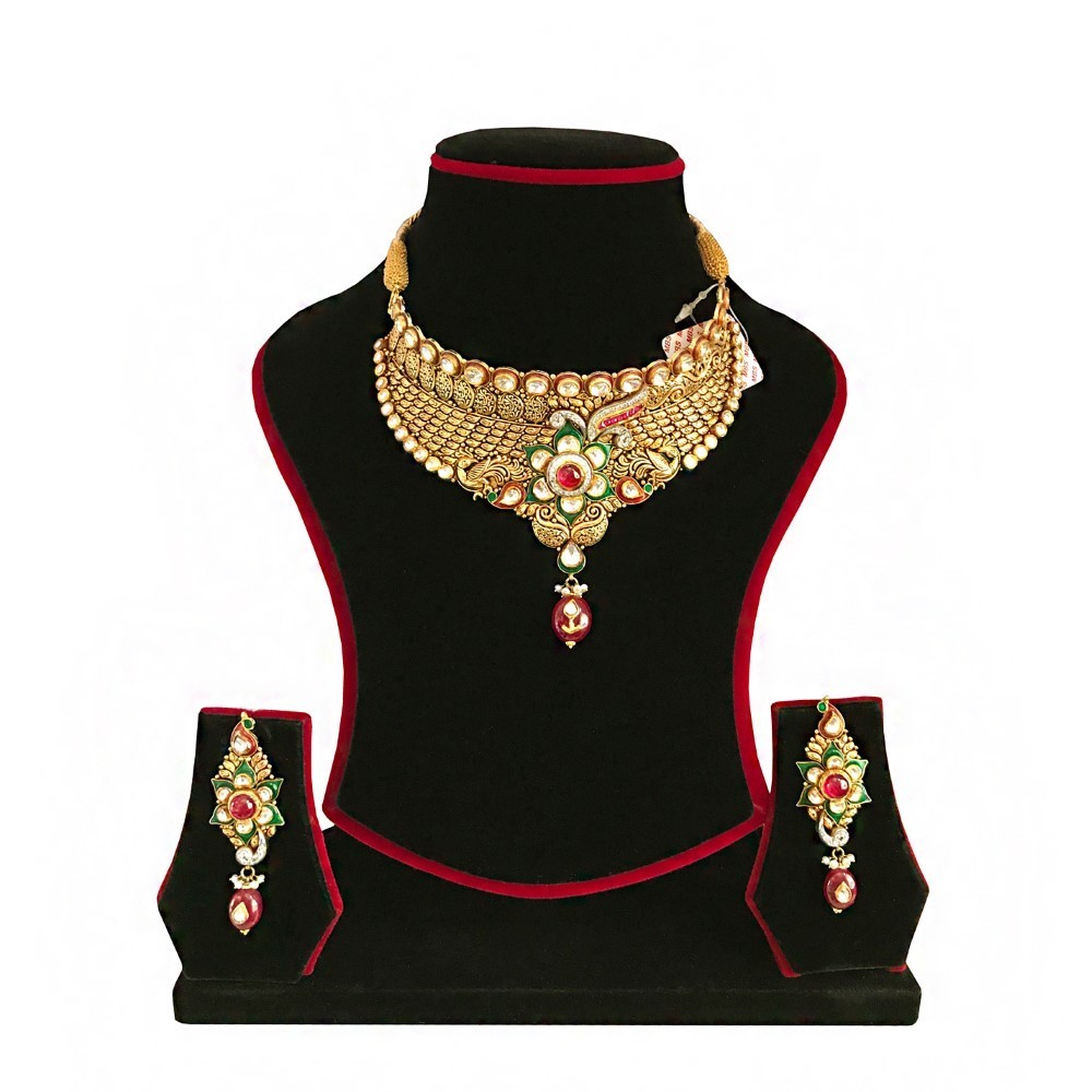 18K Solid Yellow Gold Antique Necklace Earrings Wedding Jewelry Set 65.510 Grams