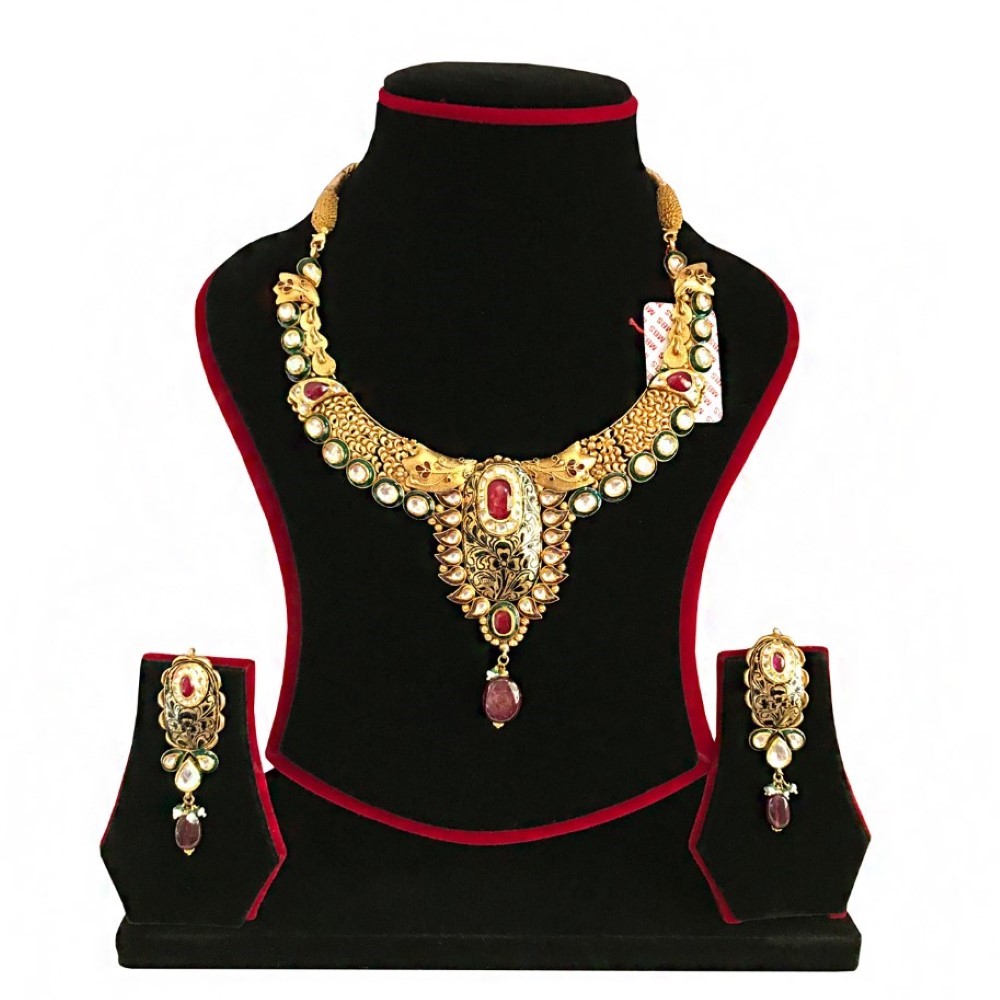 18K Solid Yellow Gold Antique Necklace Earrings Wedding Jewelry Set 56.160 Grams