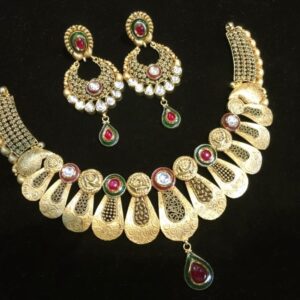 18K Solid Yellow Gold Antique Necklace Earrings Vintage Jewelry Set 45.640 Grams