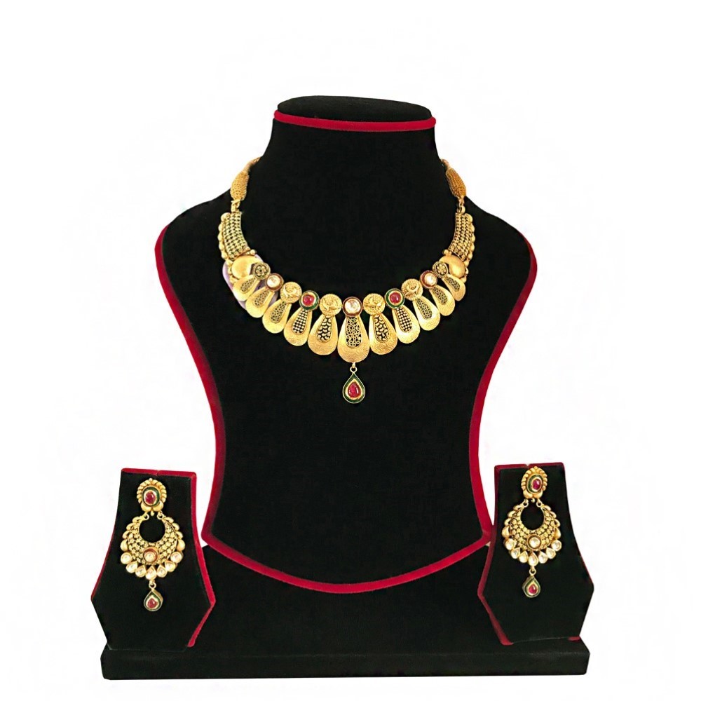 18K Solid Yellow Gold Antique Necklace Earrings Vintage Jewelry Set 45.640 Grams